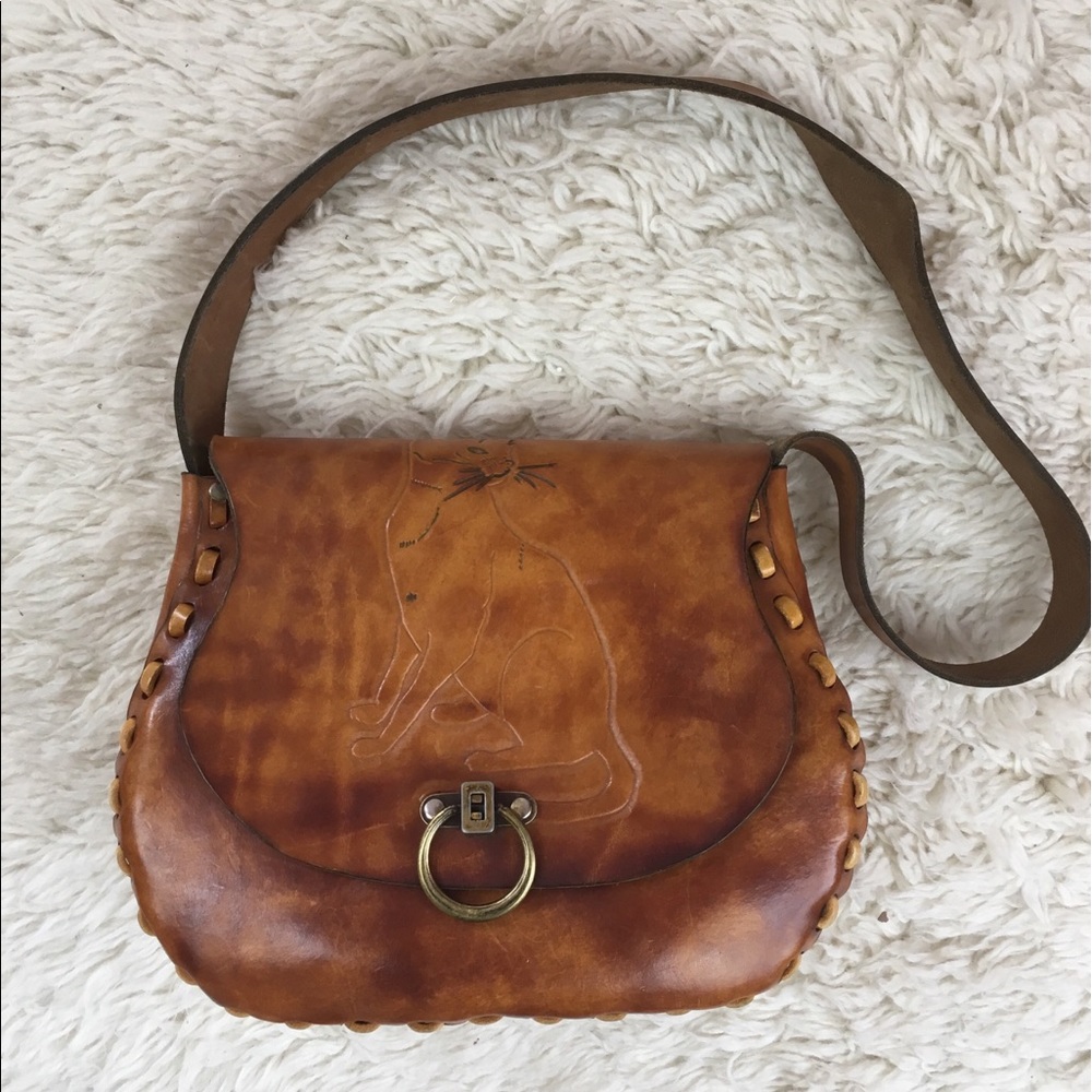 Brown Leather Crossbody Bag with Cat Embossing